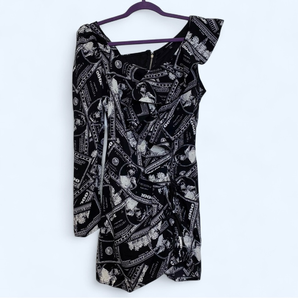 Fashion Nova All About The Mula Dress in Black, Large, Asymmetrical, Money Print